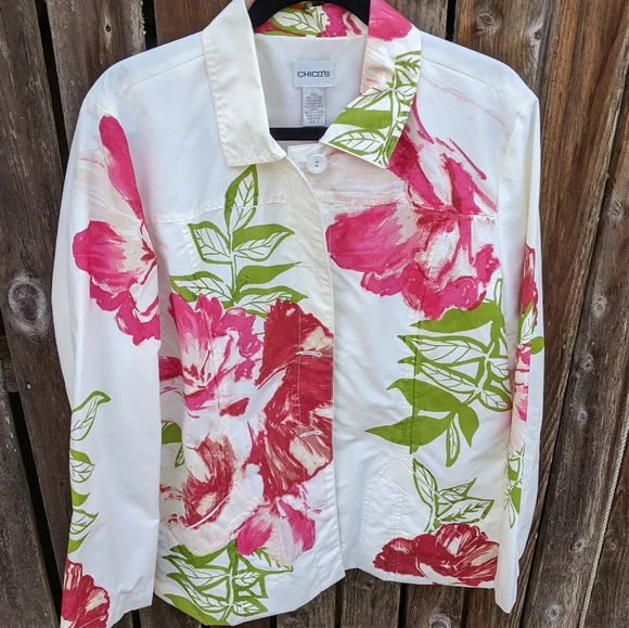 Chico's 3 Jacket Blazer Pink White Watercolor 16 - Picture 2 of 6